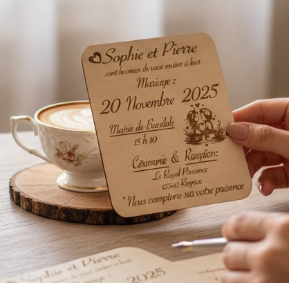 Faire-Part en bois Mariage personnalisable (avec dessin à choisir dans nos options)