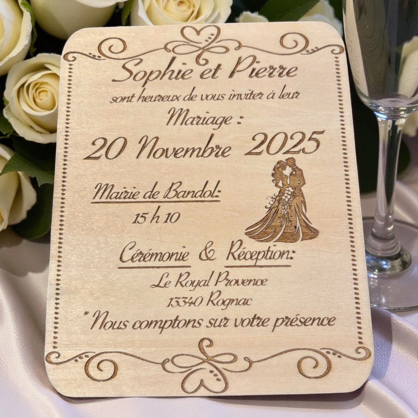 Faire-Part en bois Mariage personnalisable (avec dessin à choisir dans nos options)