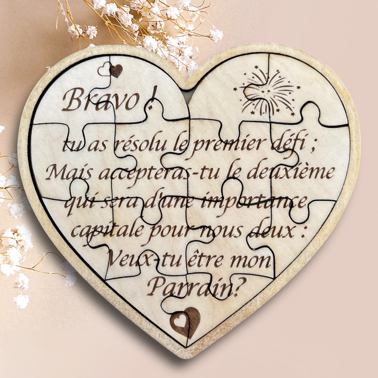 Faire-part puzzle CŒUR en bois Parrain / Marraine