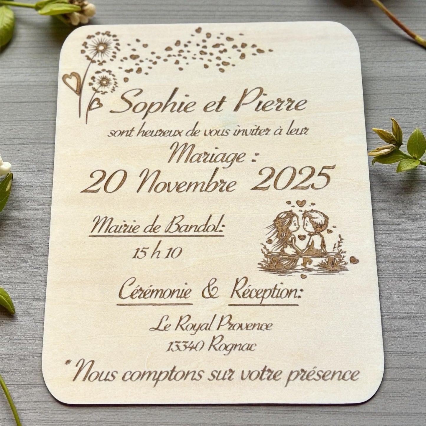 Faire-Part en bois Mariage personnalisable (avec dessin à choisir dans nos options)