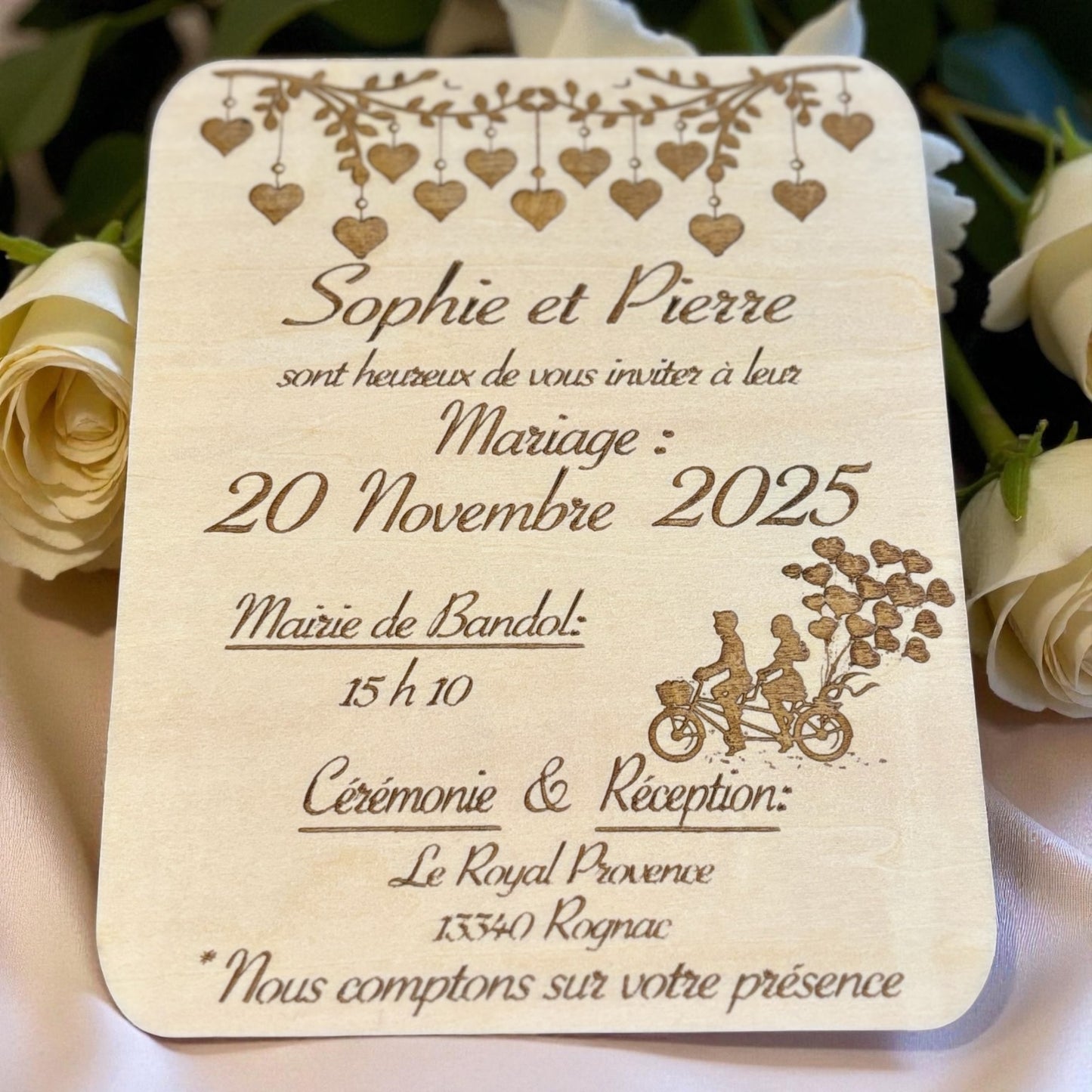 Faire-Part en bois Mariage personnalisable (avec dessin à choisir dans nos options)