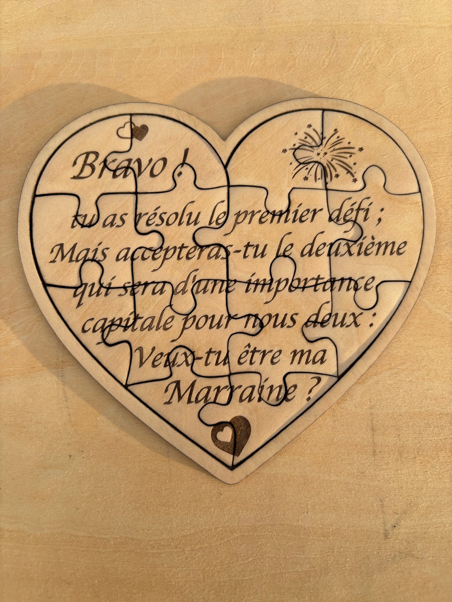 Faire-part puzzle CŒUR en bois Parrain / Marraine