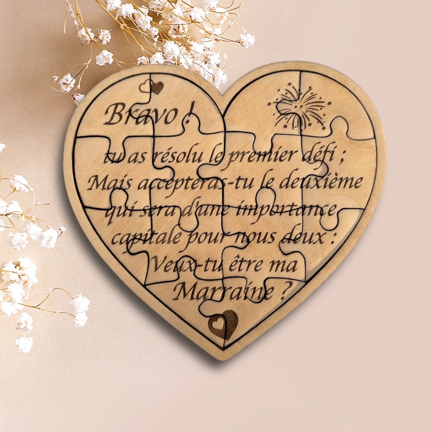Faire-part puzzle CŒUR en bois Parrain / Marraine