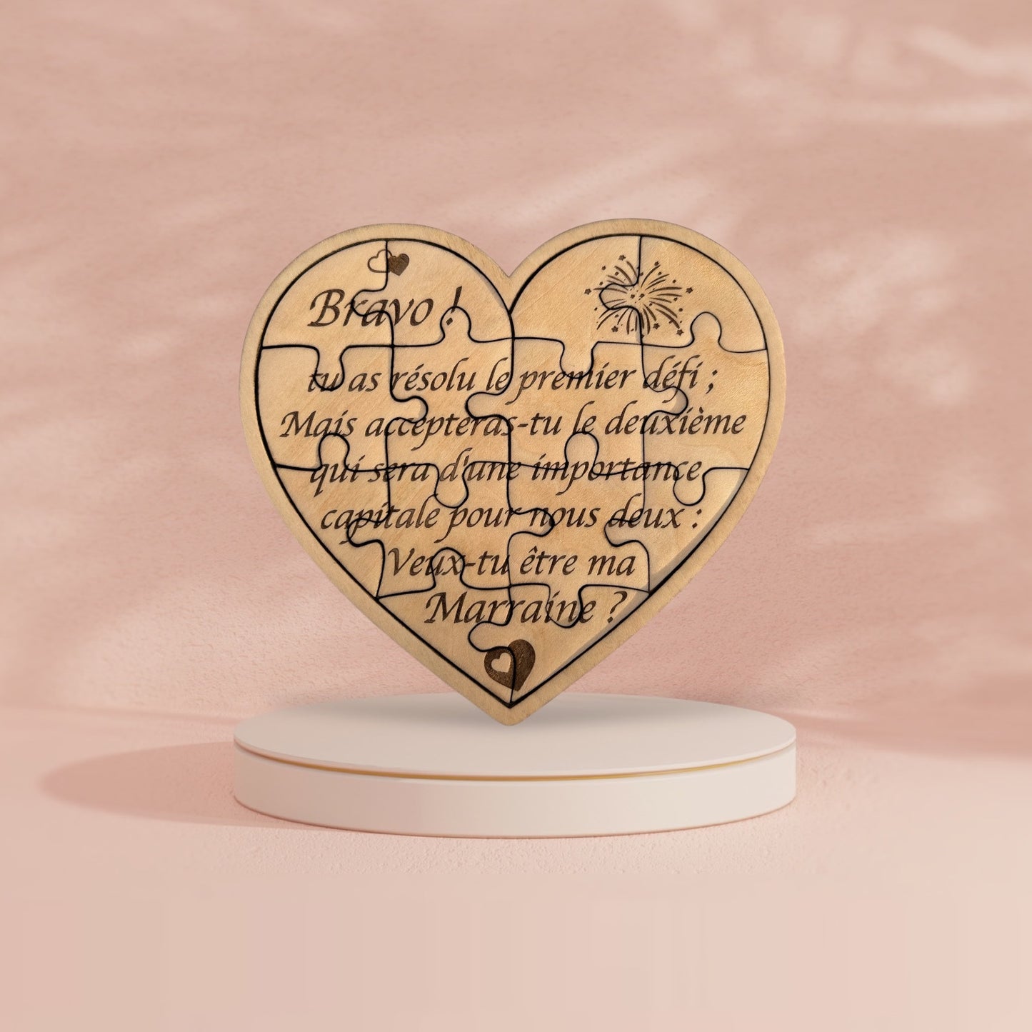 Faire-part puzzle CŒUR en bois Parrain / Marraine